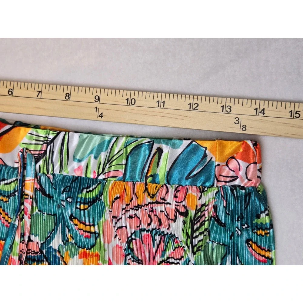 Jess Lea Tropical Floral Pleated Two Piece Set Shirt and Shorts Teal Pink Medium